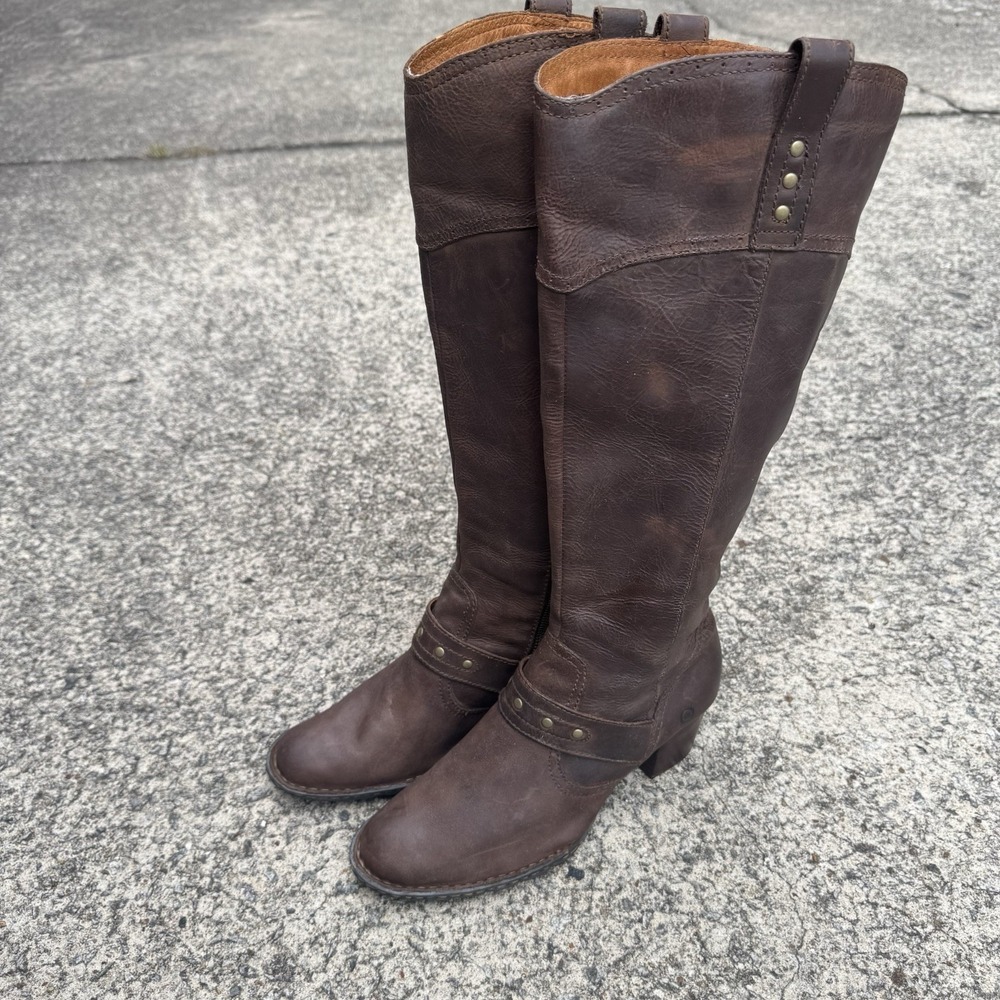 Born Brown Leather Knee High Boots Women's 9 M Studded Side Zip Block Heel